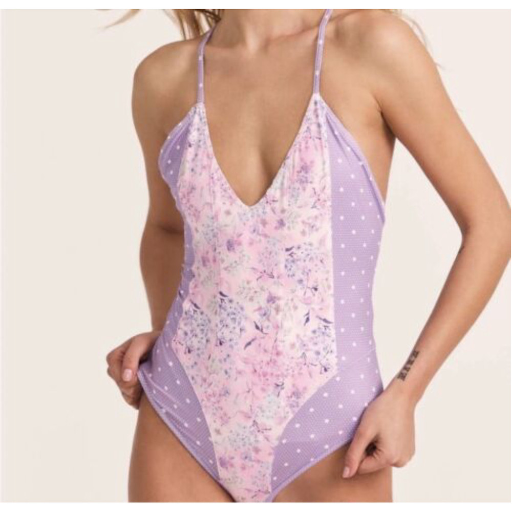 $225 LoveShackFancy Purple Pansy Floral Shailee One Piece Swimsuit small